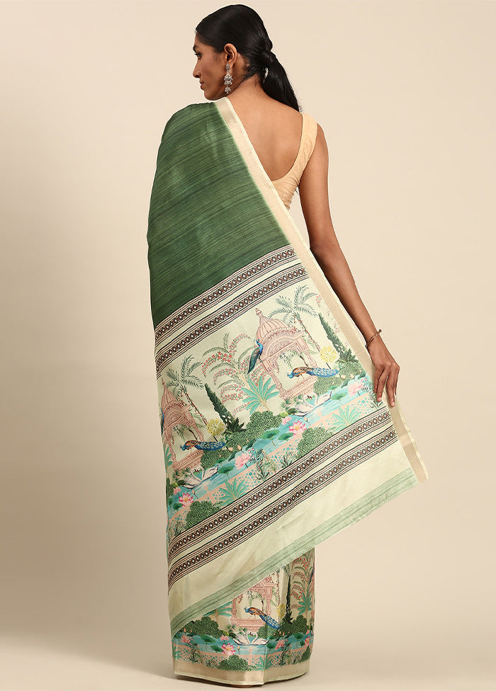 Green Cotton Saree With Blouse Piece Cheap Sale 100% Original