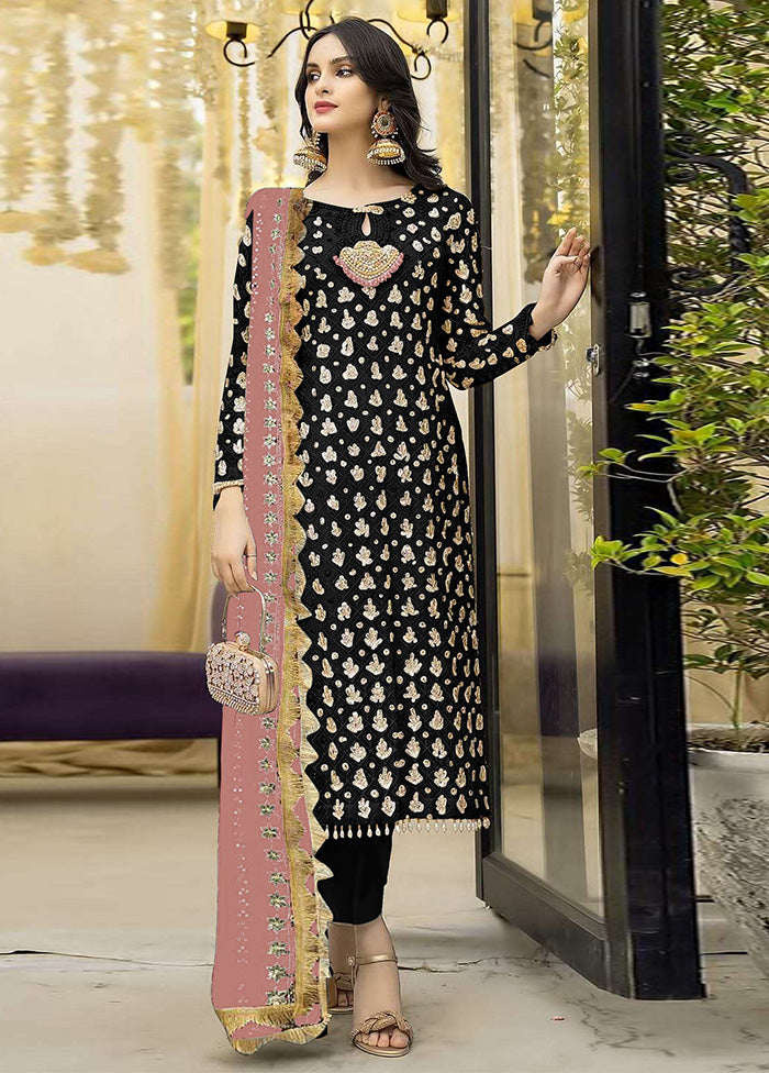 3 Pc Black Semi Stitched Georgette Suit Set Inexpensive