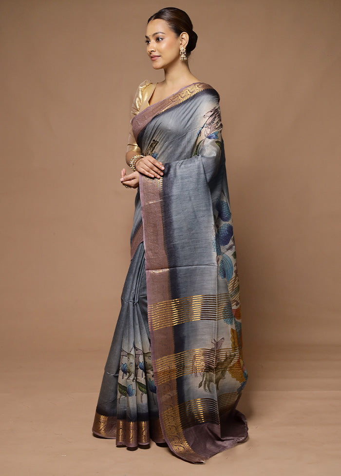 Grey Tussar Silk Saree With Blouse Piece Sale Reliable