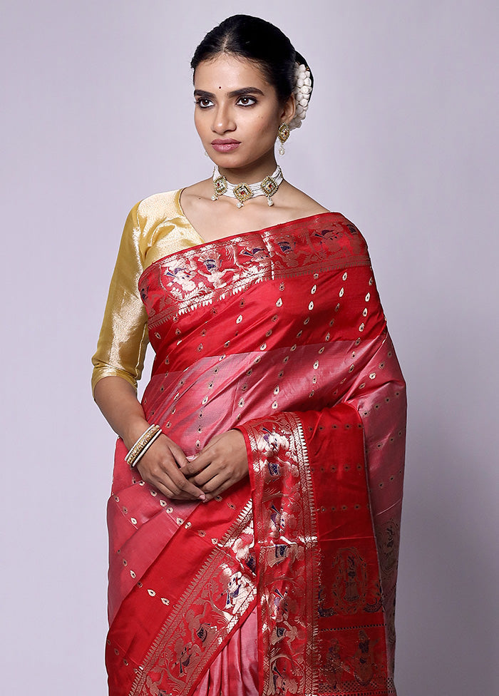 Red Handloom Baluchari Pure Silk Saree With Blouse Piece Outlet Store For Sale