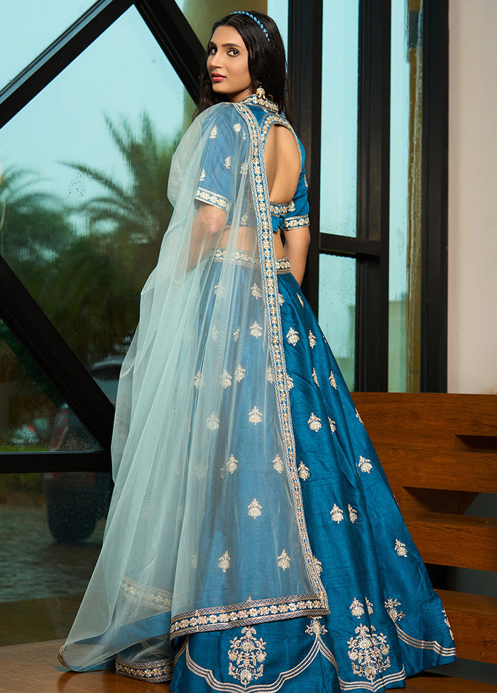 3 Pc Blue Silk Semi Stitched Lehenga Set Excellent Online