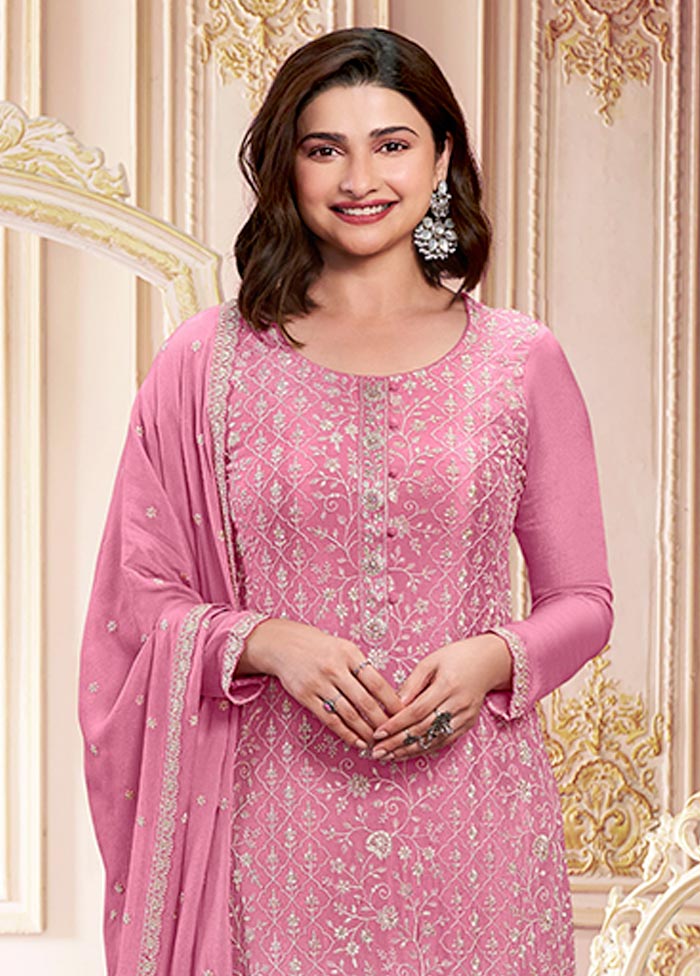 3 Pc Light Pink Semi Stitched Silk Suit Set Clearance Marketable