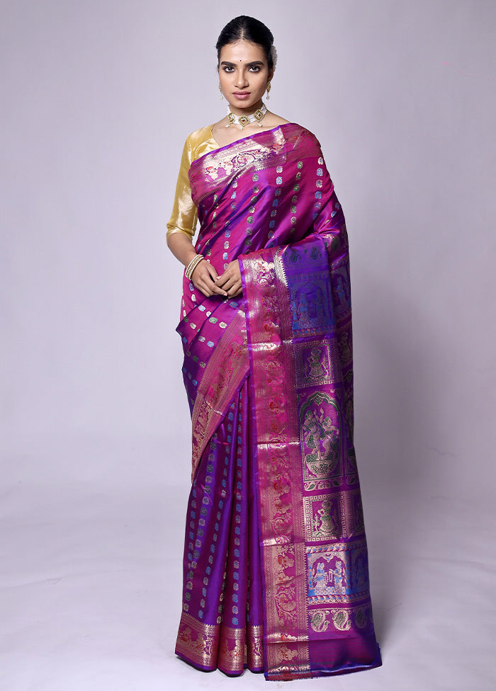 Purple Handloom Baluchari Pure Silk Saree With Blouse Piece Cheap Best Pices