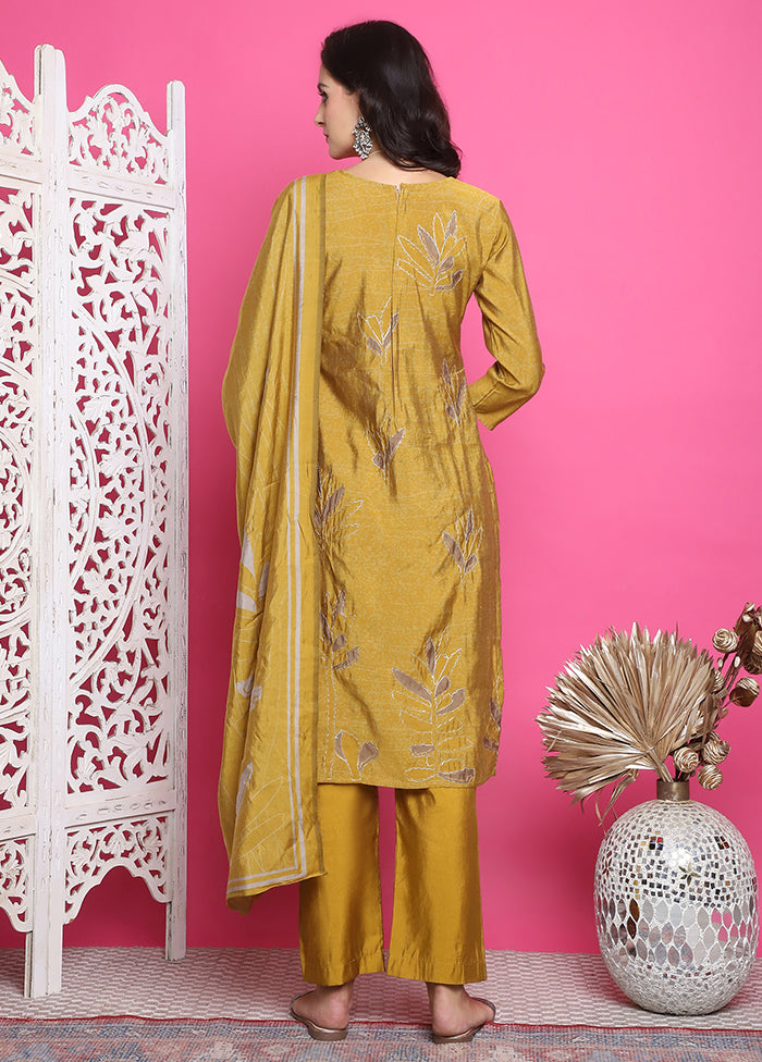 3 Pc Mustard Unstitched Silk Suit Set Recommend Cheap Pice