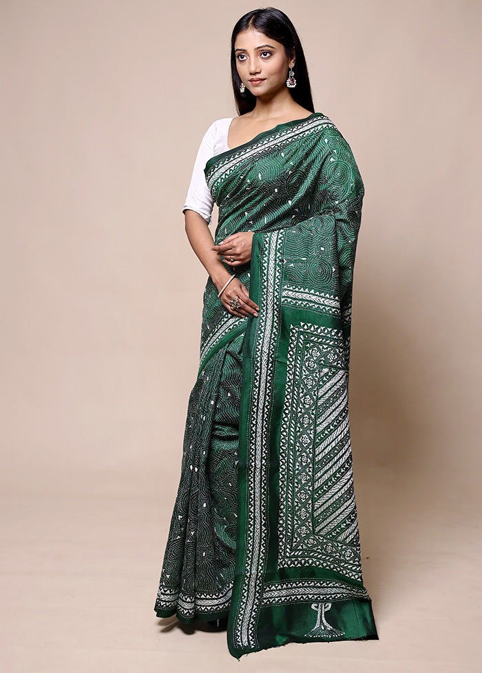 Green Handloom Kantha Stitch Pure Silk Saree With Blouse Piece Big Discount Online