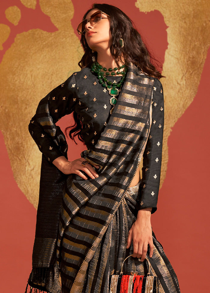 Black Spun Silk Saree With Blouse Piece Inexpensive For Sale