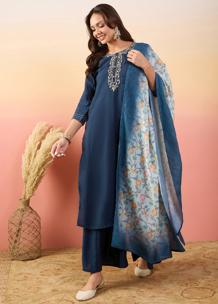 3 Pc Blue Pure Readymade Silk Suit Set Brand New Unisex Sale Online