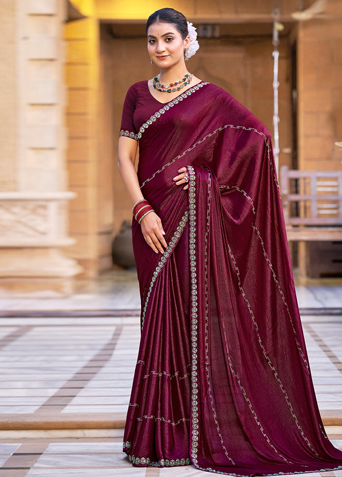 Maroon Chiffon Silk Saree With Blouse Piece Free Shipping New Styles