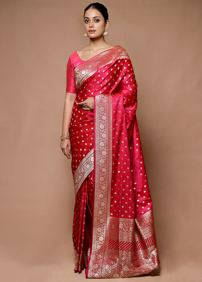 Red Banarasi Silk Saree With Blouse Piece 100% Authentic For Sale