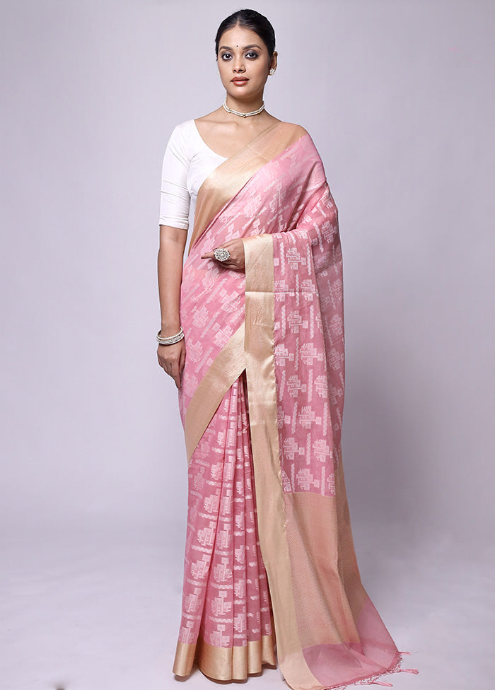 Pink Kora Silk Saree With Blouse Piece For Sale