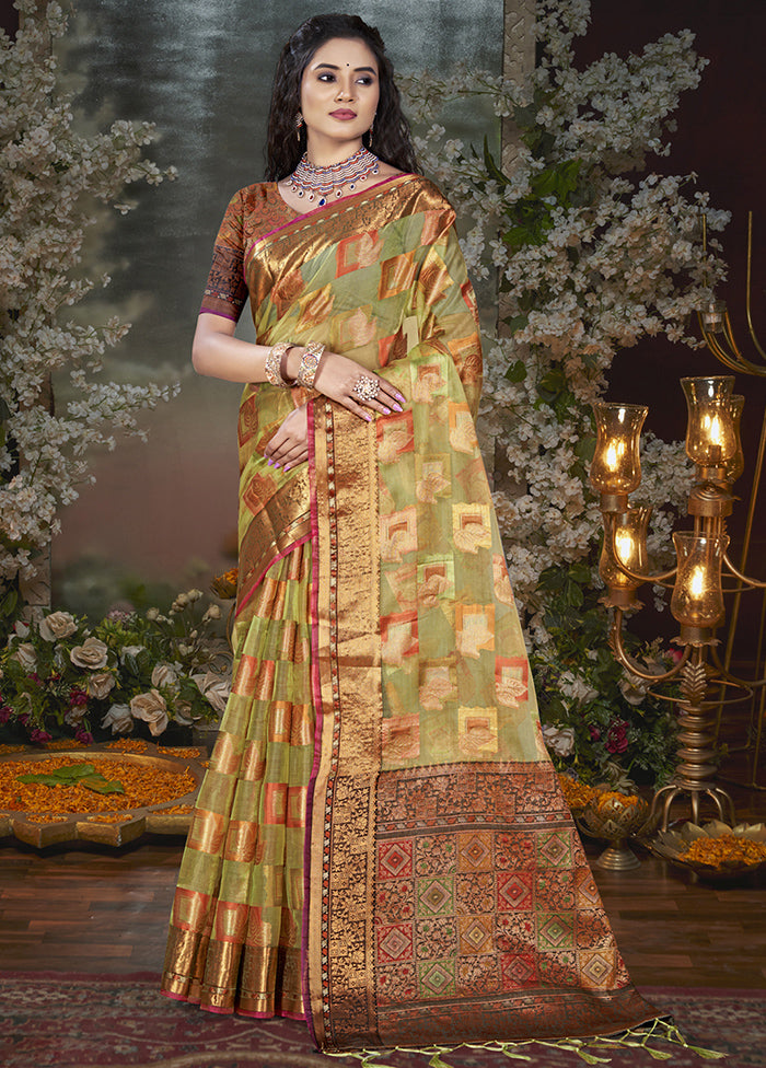 Olive Green Chanderi Silk Saree With Blouse Piece Eastbay Cheap Online