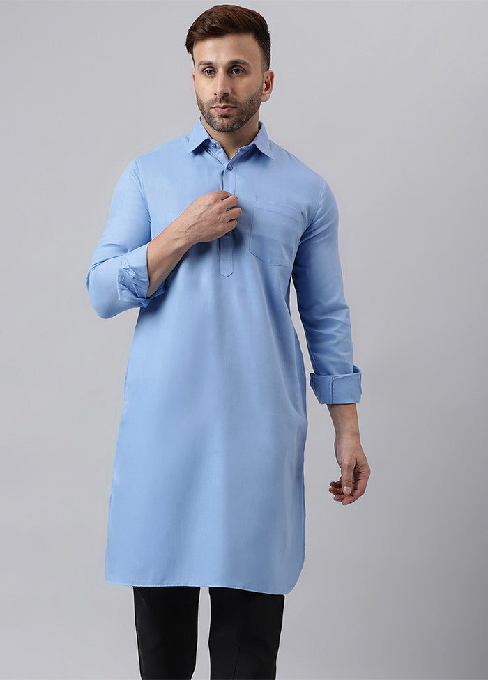 Blue Cotton Jacquard Long Kurta Explore Cheap Pice