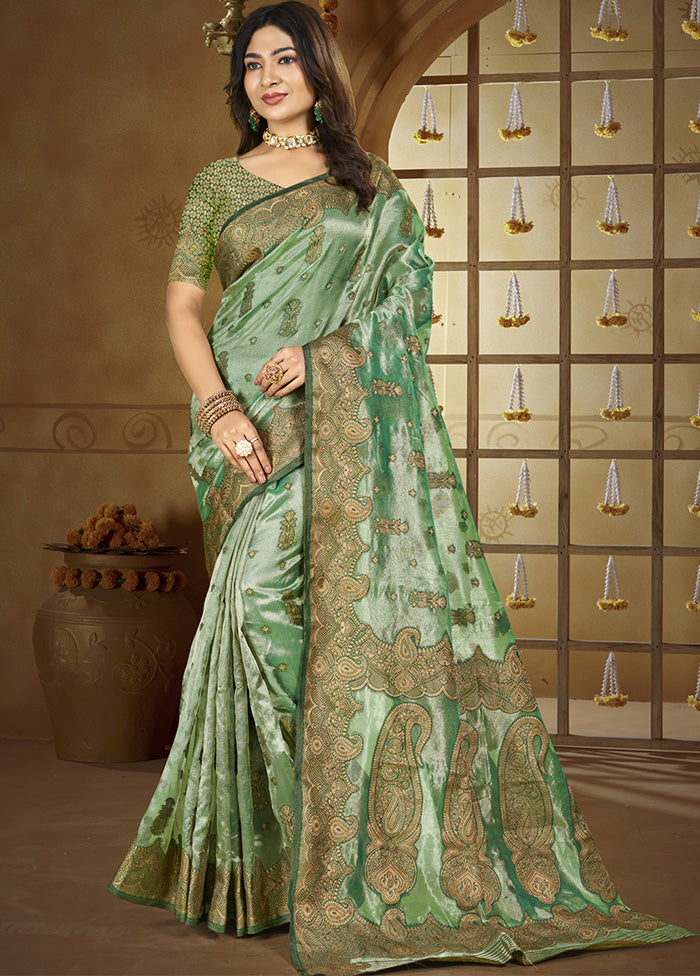 Green Spun Silk Saree With Blouse Piece Clearance Official