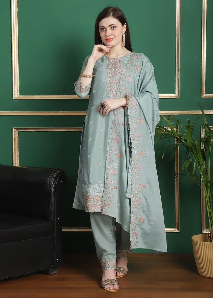 3 Pc Turquoise Unstitched Silk Suit Set For Sale Online