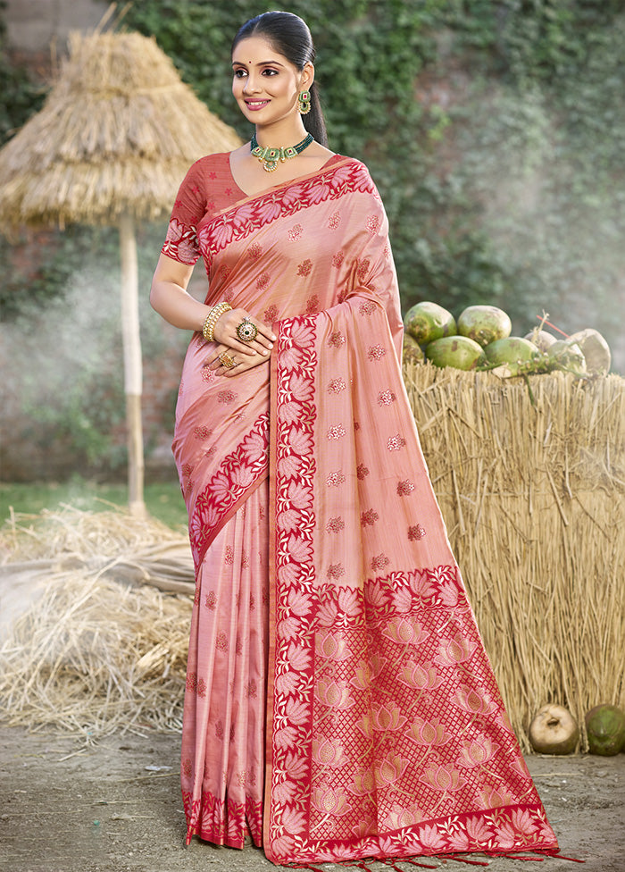 Light Pink Spun Silk Saree With Blouse Piece Free Shipping