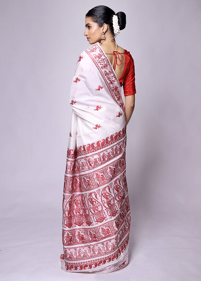 White Handloom Baluchari Pure Silk Saree With Blouse Piece Recommend Cheap Online