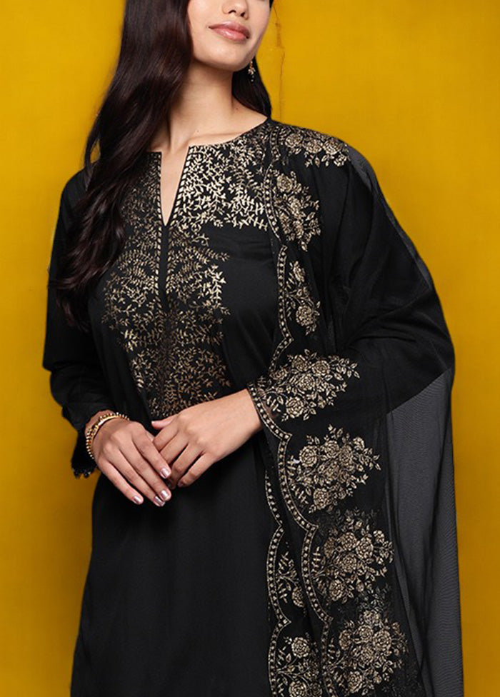 3 Pc Black Readymade Silk Dupatta Suit Set Cheap Sale Best Store To Get