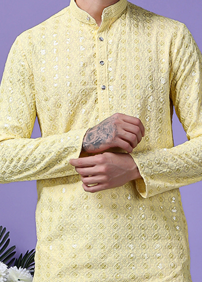 2 Pc Yellow Silk Kurta Pajama Set Classic