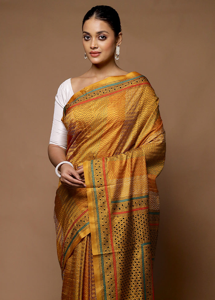 Yellow Handloom Kantha Stitch Pure Silk Saree With Blouse Piece Discounts Cheap Pice