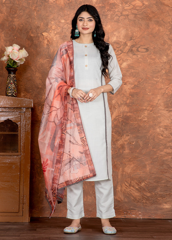 3 Pc Grey Readymade Cotton Dupatta Suit Set Cheap Sale