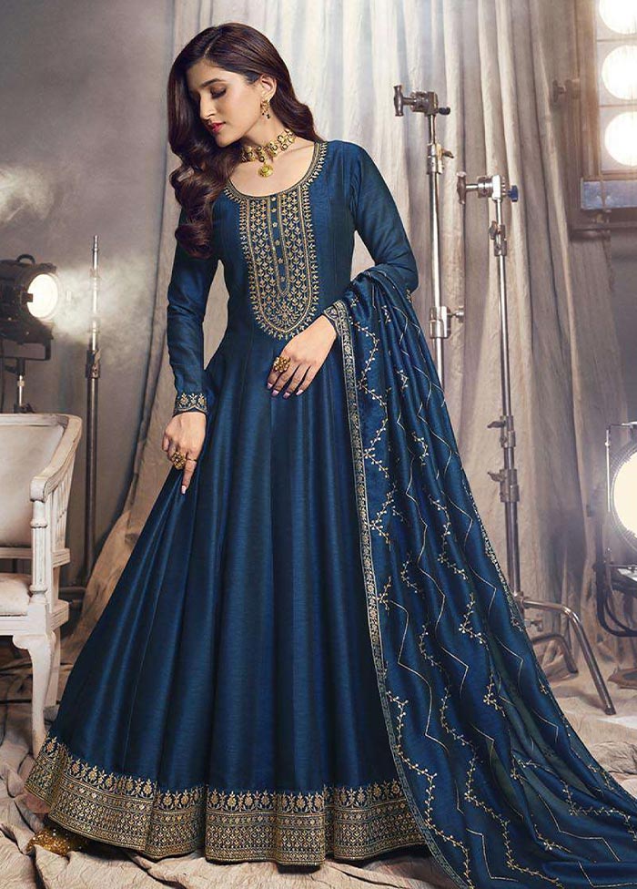 3 Pc Blue Semi Stitched Silk Suit Set Clearance Low Pice Fee Shipping