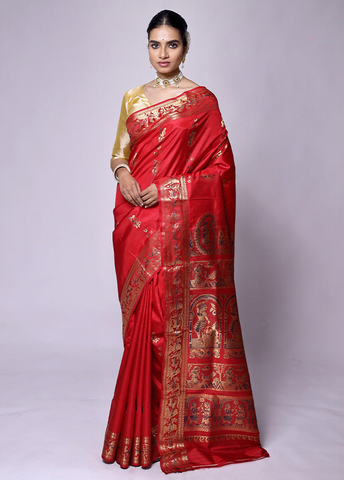 Red Handloom Baluchari Pure Silk Saree With Blouse Piece Cheap Online