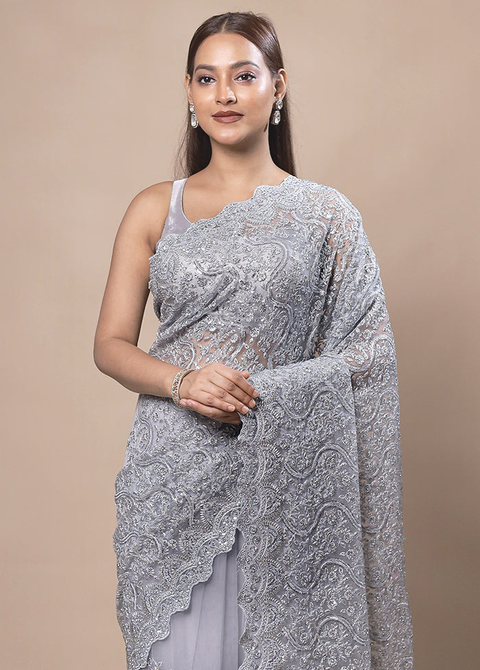 Grey Handloom Tissue Pure Silk Saree With Blouse Piece Big Sale Cheap Online