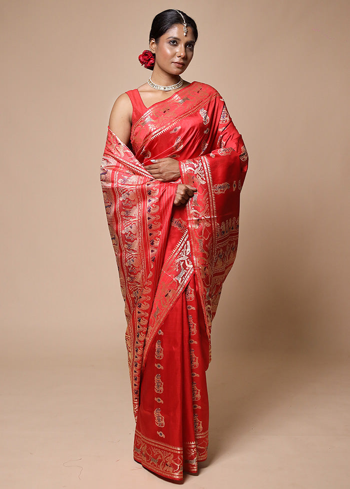 Red Handloom Baluchari Pure Silk Saree With Blouse Piece Clearance Exclusive