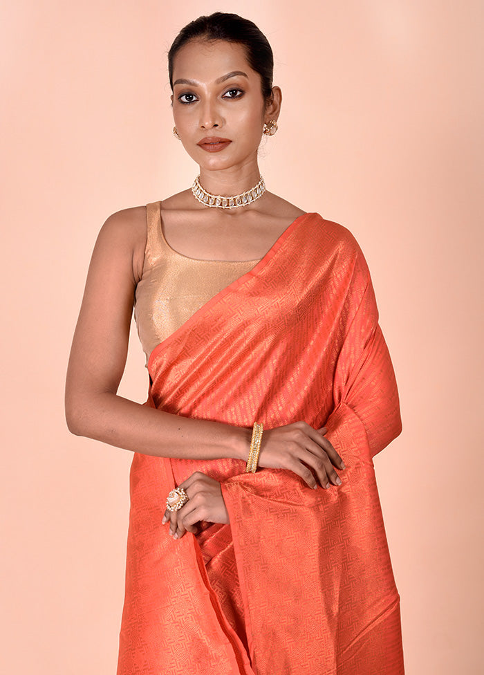 Orange Handloom Kanjivaram Pure Silk Saree With Blouse Piece Fashion Style For Sale