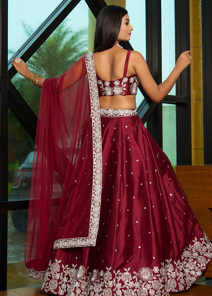 3 Pc Maroon Silk Semi Stitched Lehenga Set Outlet Huge Surprise