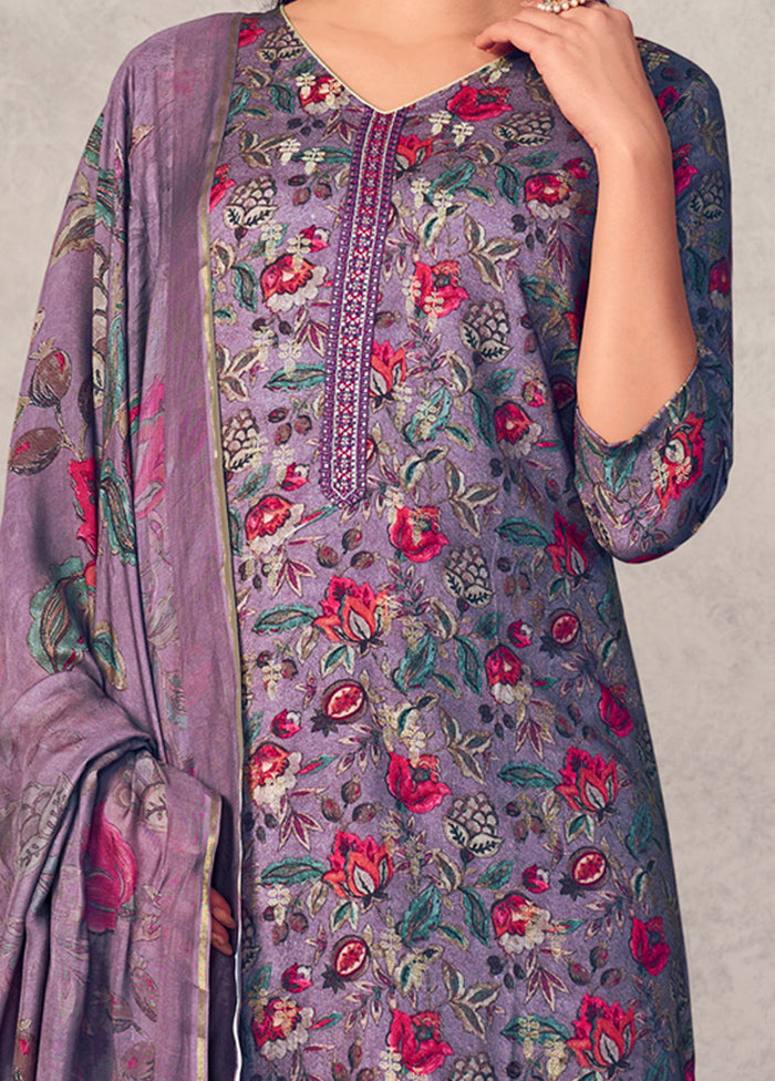 3 Pc Purple Unstitched Pure Pashmina Suit Set High Quality For Sale