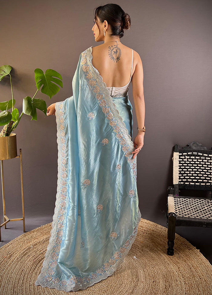 Blue Spun Silk Saree With Blouse Piece Newest For Sale