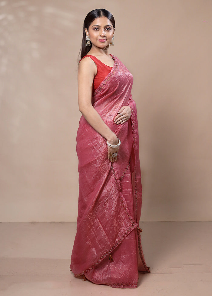 Pink Crushed Tissue Silk Saree With Blouse Piece Discount From China