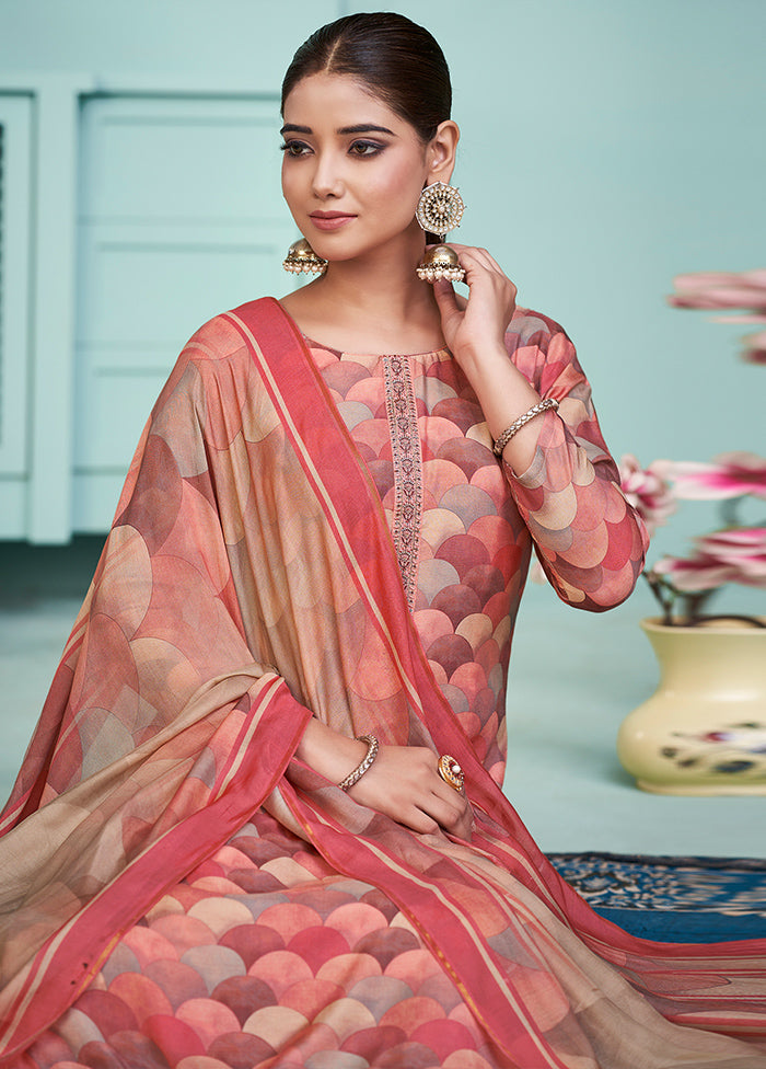 3 Pc Peach Unstitched Silk Suit Set Cheap Sale Popular