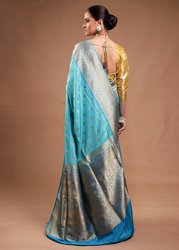 Blue Handloom Katan Pure Silk Saree With Blouse Piece Free Shipping 100% Original