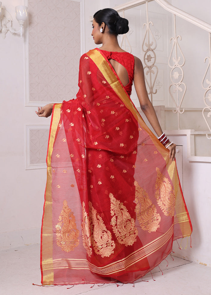 Red Pure Cotton Saree With Blouse Piece Discount Collections