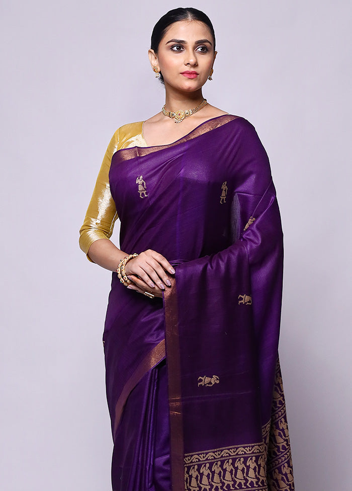 Purple Handloom Tussar Pure Silk Saree With Blouse Piece Sale New Styles