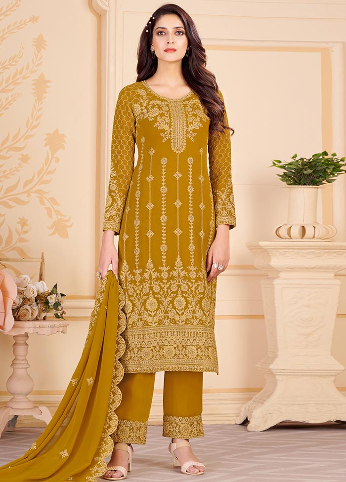 3 Pc Mustard Unstitched Georgette Suit Set Discount Sast