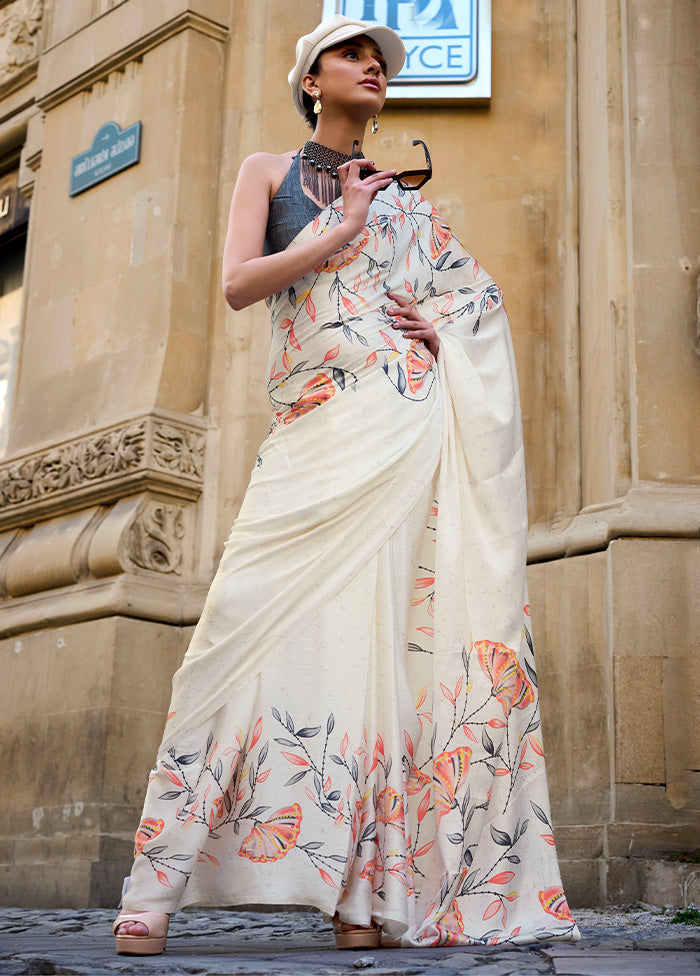 Cream Satin Silk Saree With Blouse Piece Free Shipping Fashion Style