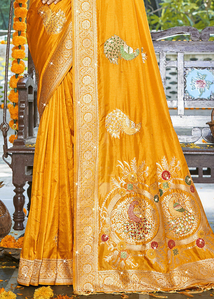 Yellow Spun Silk Saree With Blouse Piece Outlet Amazing Pice