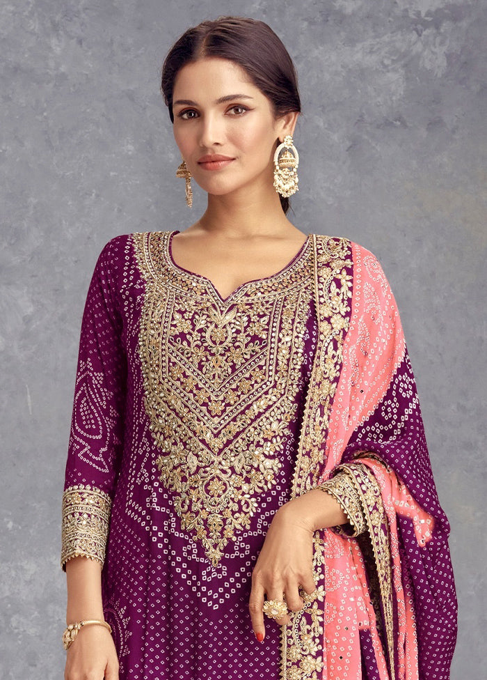 3 Pc Purple Semi Stitched Silk Suit Set Discount High Quality