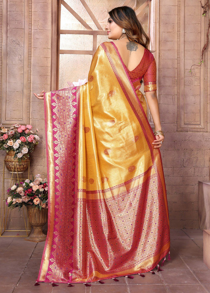 Yellow Banarasi Silk Saree With Blouse Piece Free Shipping 100% Original