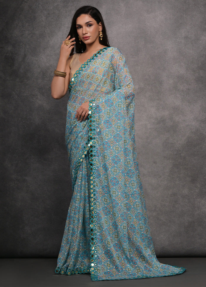 Sky Blue Chiffon Silk Saree With Blouse Piece Latest Collections