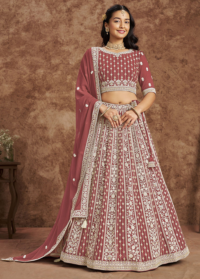 3 Pc Brown Georgette Semi Stitched Lehenga Set Sast For Sale