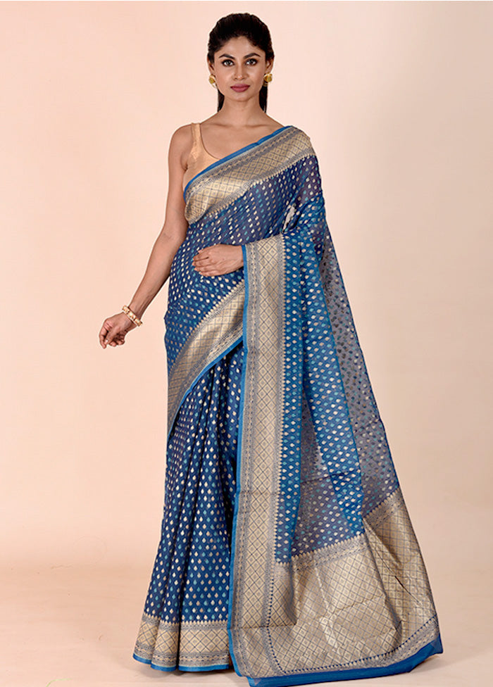 Blue Kora Silk Saree With Blouse Piece Sale Wiki