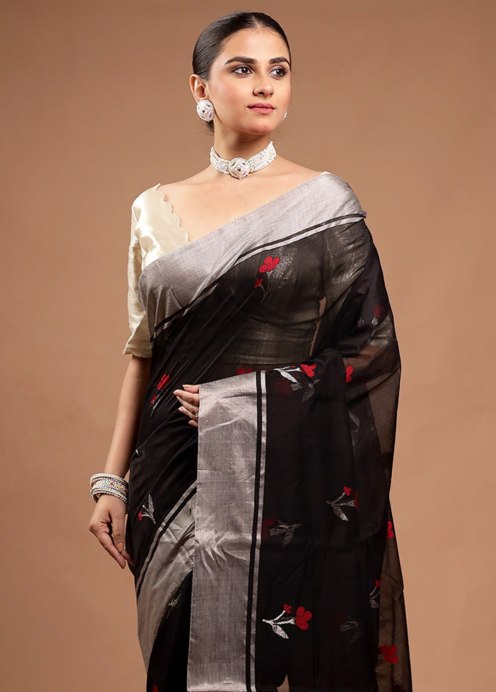 Black Handloom Chanderi Pure Cotton Saree With Blouse Piece Buy Cheap 2025 Newest