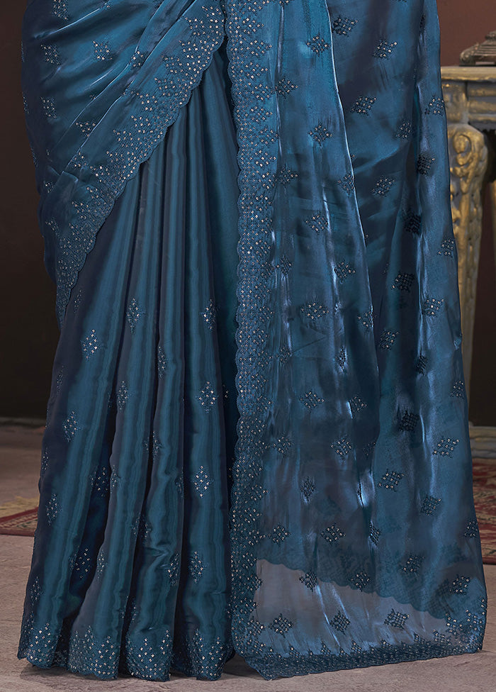 Teal Blue Spun Silk Saree With Blouse Piece Very Cheap Pice