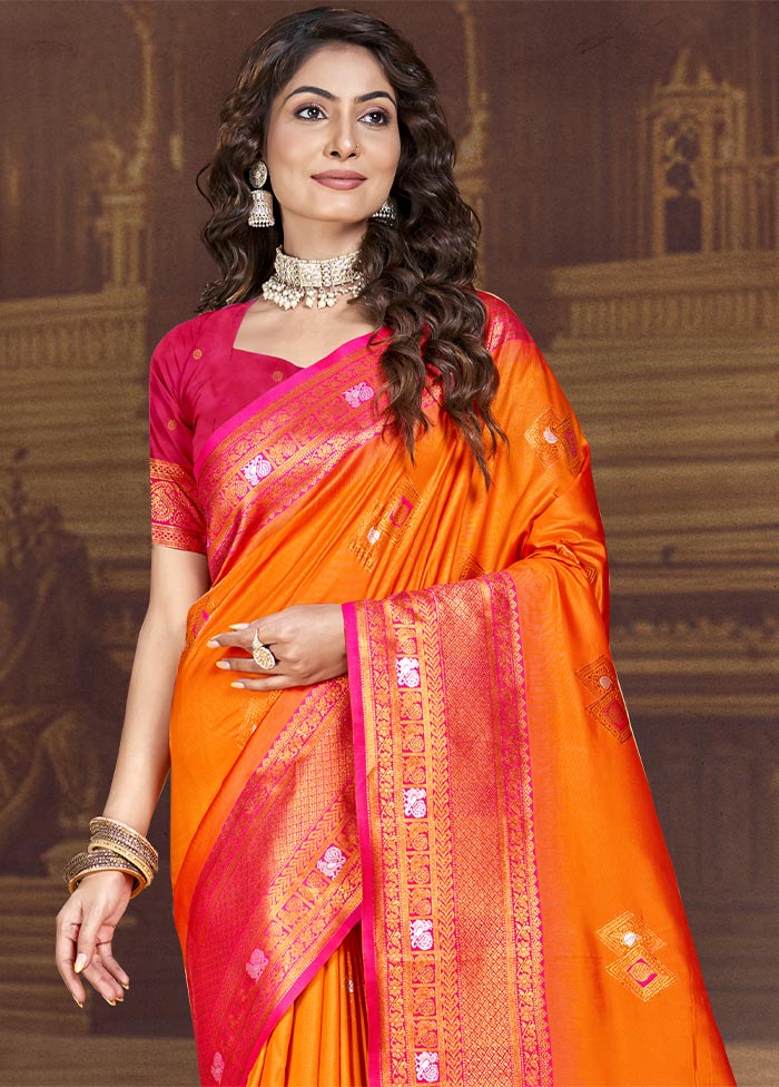 Orange Dupion Silk Saree With Blouse Piece Websites Online