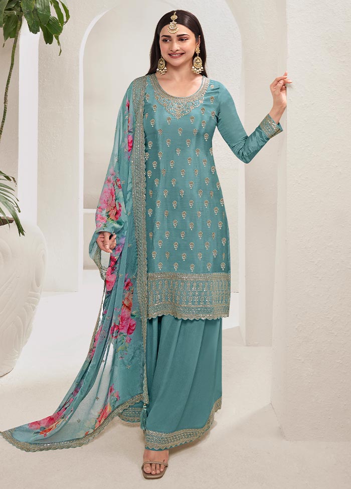 3 Pc Blue Semi Stitched Viscose Suit Set Free Shipping In China