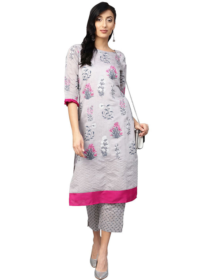 2 Pc Grey Readymade Chanderi Kurti Set Cheapest Cheap Online